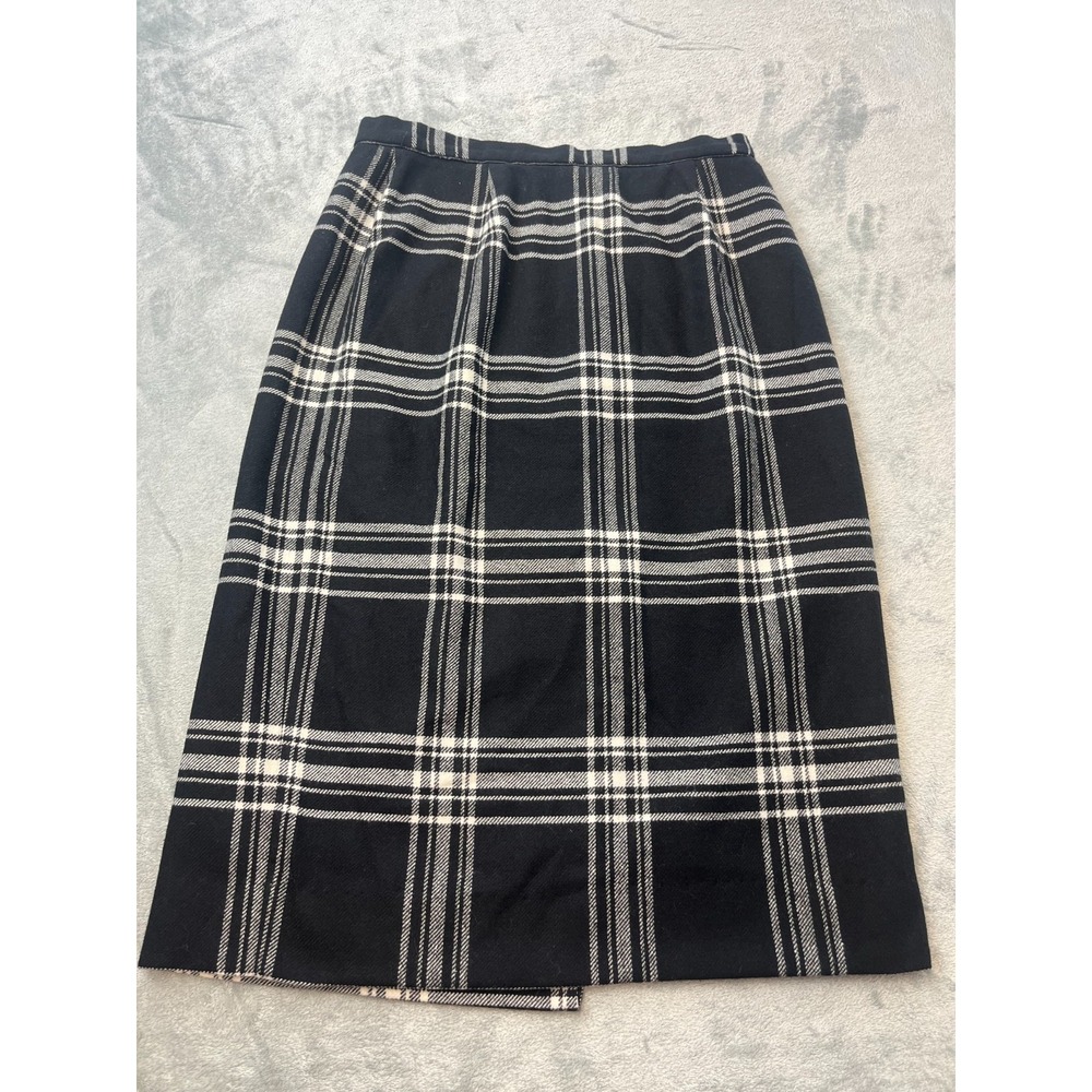 Liz Claiborne Lizsport Petite Wool Plaid Pencil Skirt Black White Size 12P Vtg